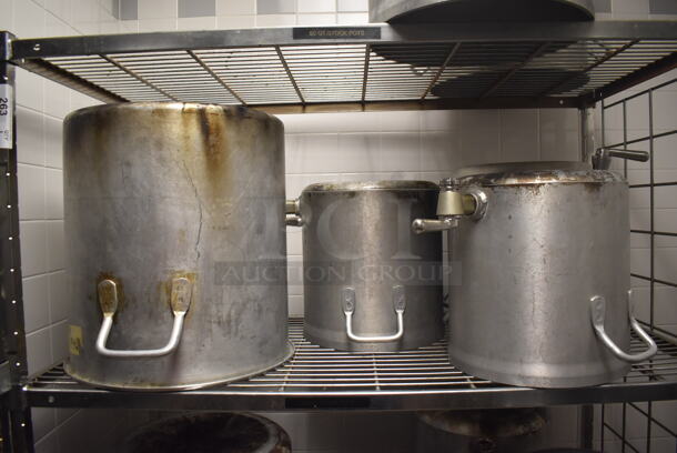 Metal 4 Tier Wire Shelving Unit on Commercial Casters w/ Contents Including Metal Stock Pots. BUYER MUST DISMANTLE. PCI CANNOT DISMANTLE FOR SHIPPING. PLEASE CONSIDER FREIGHT CHARGES. 48x24x78. (Dishroom) - Image 5 of 6