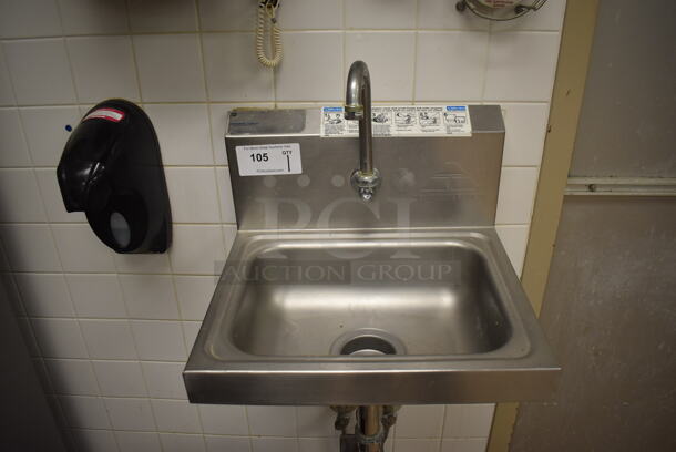 Advance Tabco Stainless Steel Commercial Single Bay Wall Mount Sink w/ Faucet and Foot Pedals. BUYER MUST REMOVE. 17.5x15.5x19. (Education Kitchen) - Image 1 of 6