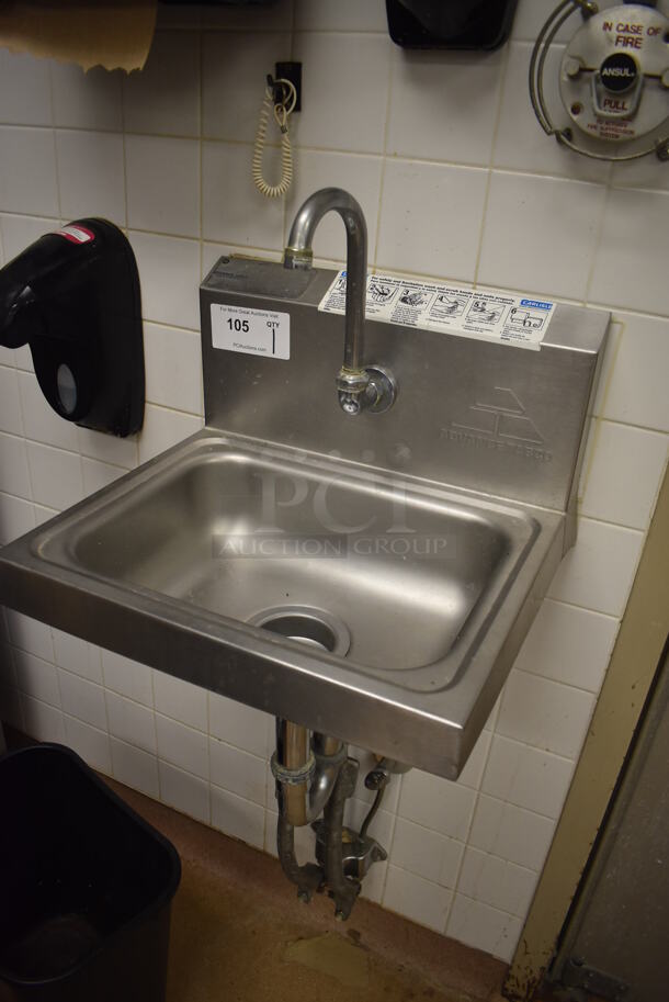 Advance Tabco Stainless Steel Commercial Single Bay Wall Mount Sink w/ Faucet and Foot Pedals. BUYER MUST REMOVE. 17.5x15.5x19. (Education Kitchen) - Image 2 of 6