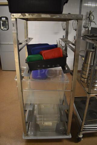 Metal Commercial Pan Transport Rack on Commercial Casters w/ Contents Including Poly Bins and Poly Lids. 26x28x64. (Dishroom)