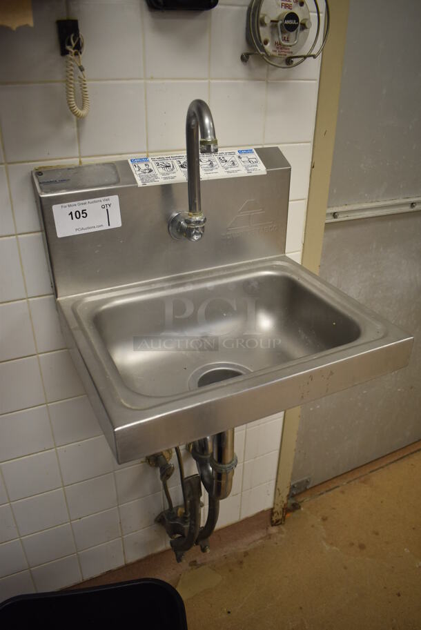 Advance Tabco Stainless Steel Commercial Single Bay Wall Mount Sink w/ Faucet and Foot Pedals. BUYER MUST REMOVE. 17.5x15.5x19. (Education Kitchen) - Image 3 of 6