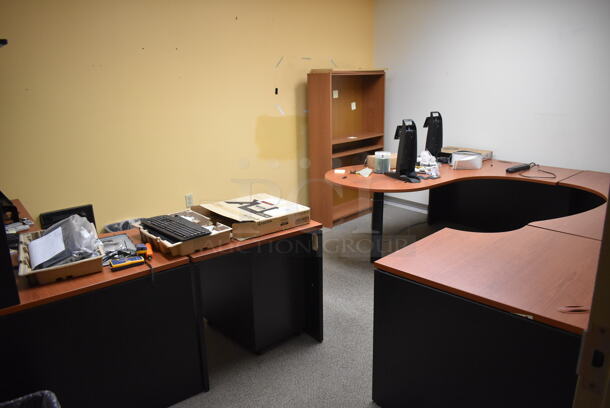 ALL ONE MONEY! Room Lot of Various Items Including Desk Pieces and Bookshelf. BUYER MUST REMOVE. (Faculty Offices)