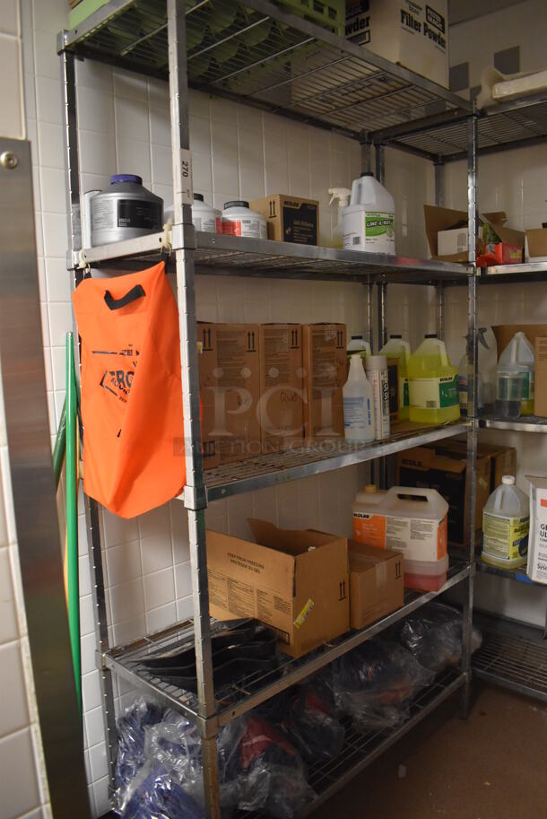 Metal 5 Tier Wire Shelving Unit w/ Various Cleaner. BUYER MUST DISMANTLE. PCI CANNOT DISMANTLE FOR SHIPPING. PLEASE CONSIDER FREIGHT CHARGES. 48x18x84. (Dishroom Closet) - Image 1 of 5