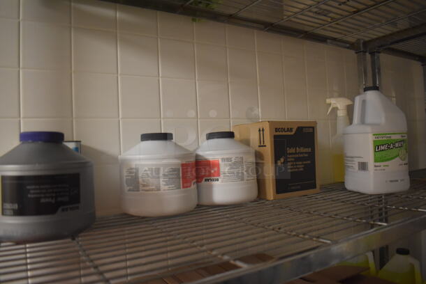 Metal 5 Tier Wire Shelving Unit w/ Various Cleaner. BUYER MUST DISMANTLE. PCI CANNOT DISMANTLE FOR SHIPPING. PLEASE CONSIDER FREIGHT CHARGES. 48x18x84. (Dishroom Closet) - Image 2 of 5