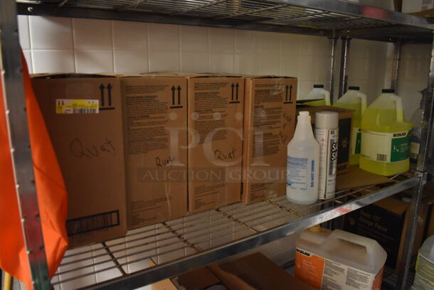 Metal 5 Tier Wire Shelving Unit w/ Various Cleaner. BUYER MUST DISMANTLE. PCI CANNOT DISMANTLE FOR SHIPPING. PLEASE CONSIDER FREIGHT CHARGES. 48x18x84. (Dishroom Closet) - Image 3 of 5