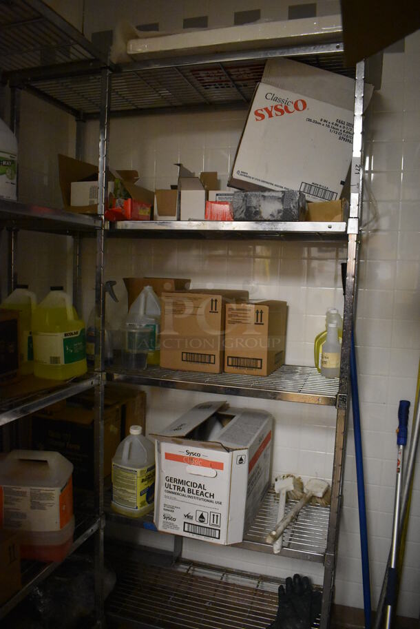 Metal 5 Tier Wire Shelving Unit w/ Various Cleaner. BUYER MUST DISMANTLE. PCI CANNOT DISMANTLE FOR SHIPPING. PLEASE CONSIDER FREIGHT CHARGES. 48x18x84. (Dishroom Closet)