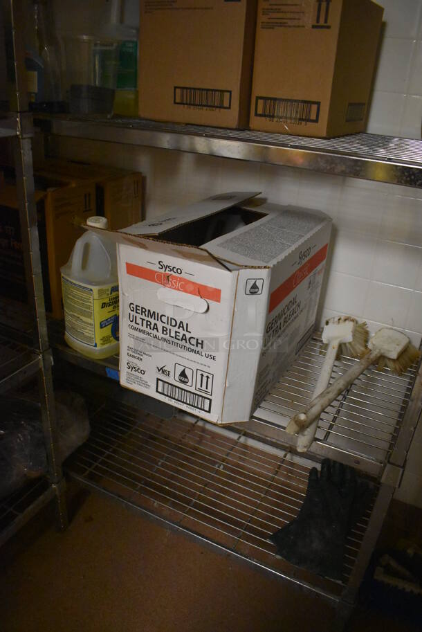 Metal 5 Tier Wire Shelving Unit w/ Various Cleaner. BUYER MUST DISMANTLE. PCI CANNOT DISMANTLE FOR SHIPPING. PLEASE CONSIDER FREIGHT CHARGES. 48x18x84. (Dishroom Closet) - Image 2 of 3