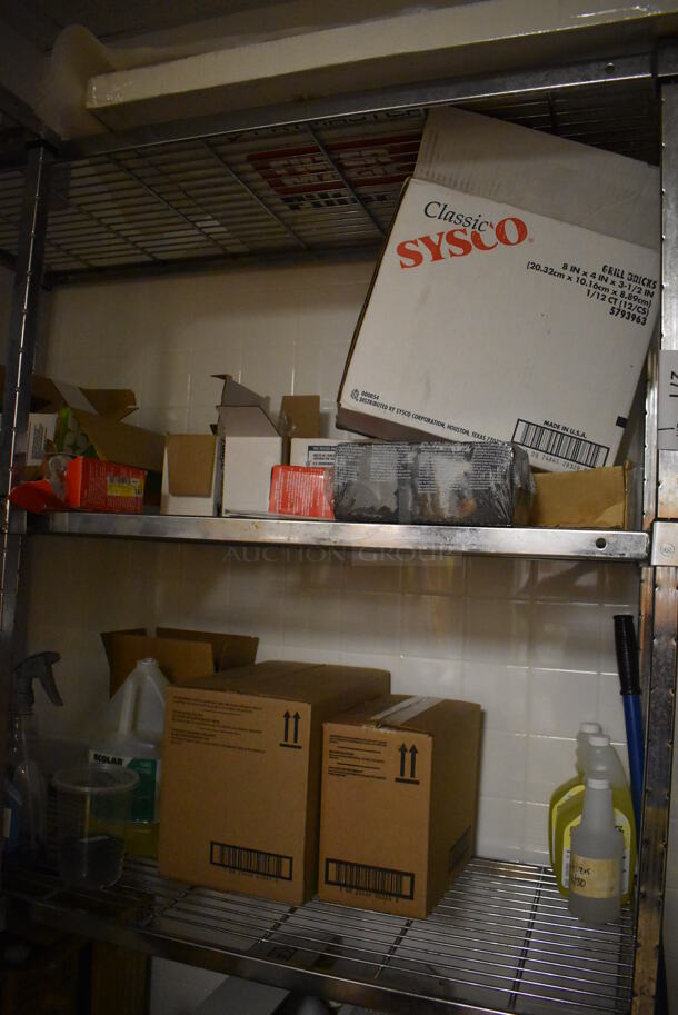 Metal 5 Tier Wire Shelving Unit w/ Various Cleaner. BUYER MUST DISMANTLE. PCI CANNOT DISMANTLE FOR SHIPPING. PLEASE CONSIDER FREIGHT CHARGES. 48x18x84. (Dishroom Closet) - Image 3 of 3