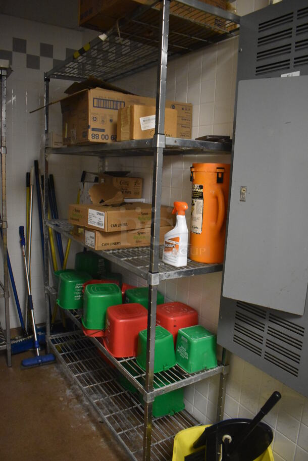 Metal 5 Tier Wire Shelving Unit w/ Various Cleaner. BUYER MUST DISMANTLE. PCI CANNOT DISMANTLE FOR SHIPPING. PLEASE CONSIDER FREIGHT CHARGES. 60x18x84. (Dishroom Closet)