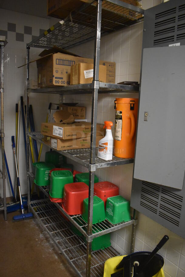 Metal 5 Tier Wire Shelving Unit w/ Various Cleaner. BUYER MUST DISMANTLE. PCI CANNOT DISMANTLE FOR SHIPPING. PLEASE CONSIDER FREIGHT CHARGES. 60x18x84. (Dishroom Closet) - Image 1 of 3