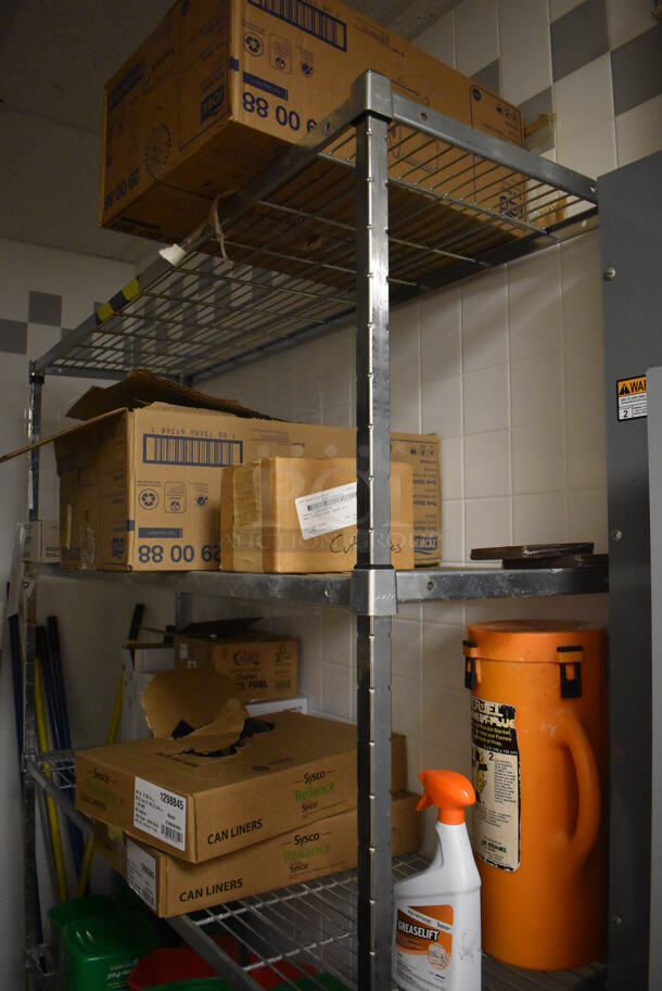 Metal 5 Tier Wire Shelving Unit w/ Various Cleaner. BUYER MUST DISMANTLE. PCI CANNOT DISMANTLE FOR SHIPPING. PLEASE CONSIDER FREIGHT CHARGES. 60x18x84. (Dishroom Closet) - Image 2 of 3