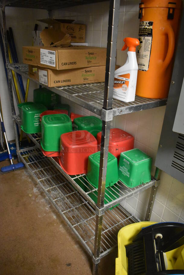 Metal 5 Tier Wire Shelving Unit w/ Various Cleaner. BUYER MUST DISMANTLE. PCI CANNOT DISMANTLE FOR SHIPPING. PLEASE CONSIDER FREIGHT CHARGES. 60x18x84. (Dishroom Closet) - Image 3 of 3