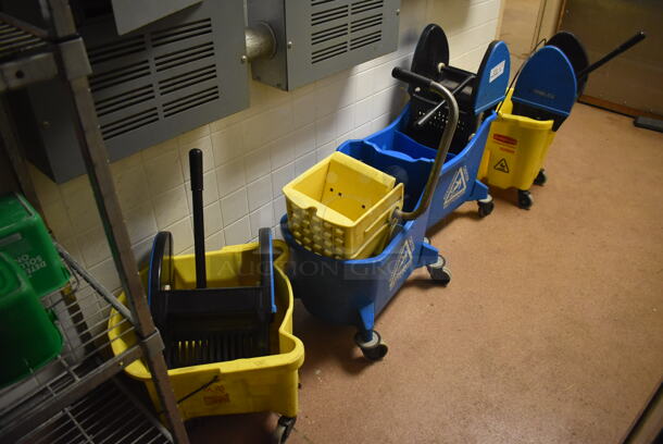 7 Various Poly Mop Buckets w/ 4 Wringing Attachments. Includes 15x13x21. 7 Times Your Bid! (Dishroom Closet)