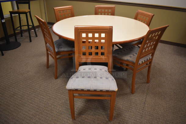 Round Dining Height Table on Black Metal Table Base w/ 6 Wood Pattern Dining Chairs w/ Blue Patterned Seat Cushion. 60x60x29, 19x17x36. (Dining Room) - Image 1 of 5
