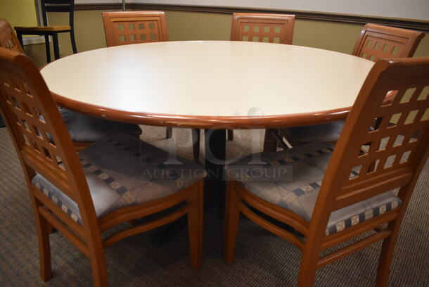 Round Dining Height Table on Black Metal Table Base w/ 6 Wood Pattern Dining Chairs w/ Blue Patterned Seat Cushion. 60x60x29, 19x17x36. (Dining Room) - Image 4 of 5