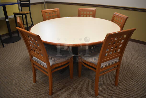 Round Dining Height Table on Black Metal Table Base w/ 6 Wood Pattern Dining Chairs w/ Blue Patterned Seat Cushion. 60x60x29, 19x17x36. (Dining Room) - Image 5 of 5