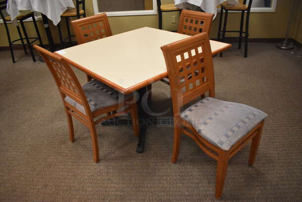 Square Dining Height Table on Black Metal Table Base w/ 4 Wood Pattern Dining Chairs w/ Blue Patterned Seat Cushion. Stock Picture - Cosmetic Condition May Vary. 42x42x29, 19x17x36. (Dining Room) - Image 3 of 6