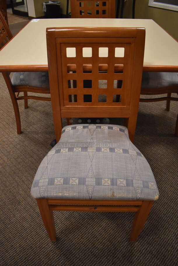 Square Dining Height Table on Black Metal Table Base w/ 4 Wood Pattern Dining Chairs w/ Blue Patterned Seat Cushion. Stock Picture - Cosmetic Condition May Vary. 42x42x29, 19x17x36. (Dining Room) - Image 4 of 6