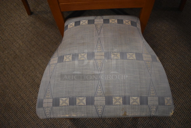 Square Dining Height Table on Black Metal Table Base w/ 4 Wood Pattern Dining Chairs w/ Blue Patterned Seat Cushion. Stock Picture - Cosmetic Condition May Vary. 42x42x29, 19x17x36. (Dining Room) - Image 5 of 6
