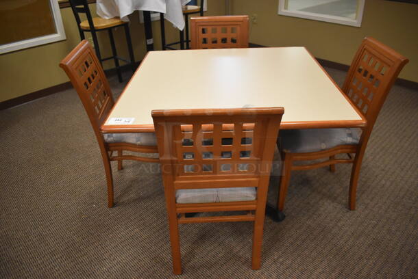 Square Dining Height Table on Black Metal Table Base w/ 4 Wood Pattern Dining Chairs w/ Blue Patterned Seat Cushion. Stock Picture - Cosmetic Condition May Vary. 42x42x29, 19x17x36. (Dining Room) - Image 6 of 6