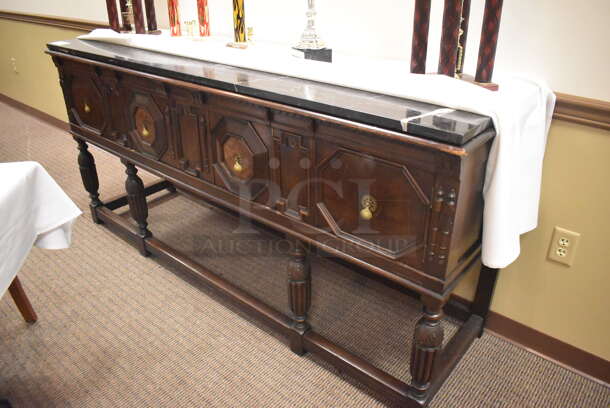 Wooden Counter w/ Marble Countertop, 2 Doors and 1 Drawer. Does Not Come w/ Contents. 78x22x37. (Dining Room)