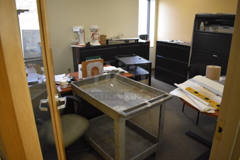 ALL ONE MONEY! Room Lot of Various Items Including Filing Cabinets, Broken Mixers, Carts and Desk. BUYER MUST REMOVE. (Offices - Hallway by Facilities Closet)