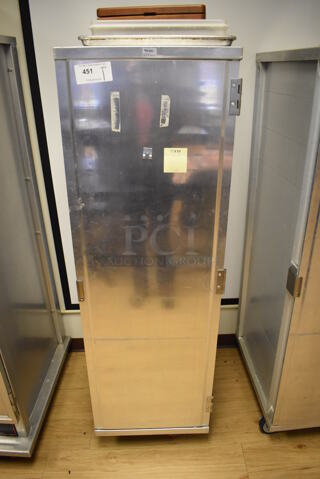 Metal Commercial Enclosed Pan Transport Rack w/ Contents on Commercial Casters. 20.5x28x66. (Computer Demo Lab 2)