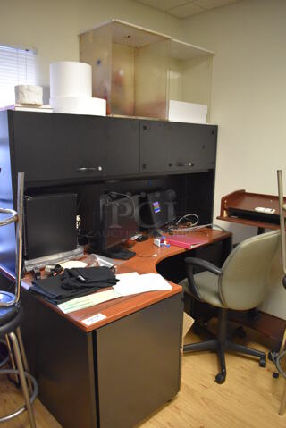 ALL ONE MONEY! Corner Lot of Various Items Including Desk, Chair, Computers and Podium. BUYER MUST REMOVE. (Computer Demo Lab 2)
