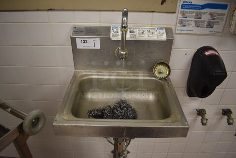 Advance Tabco Stainless Steel Commercial Single Bay Wall Mount Sink w/ Faucet and Foot Pedal. BUYER MUST REMOVE. 17.5x15.5x19