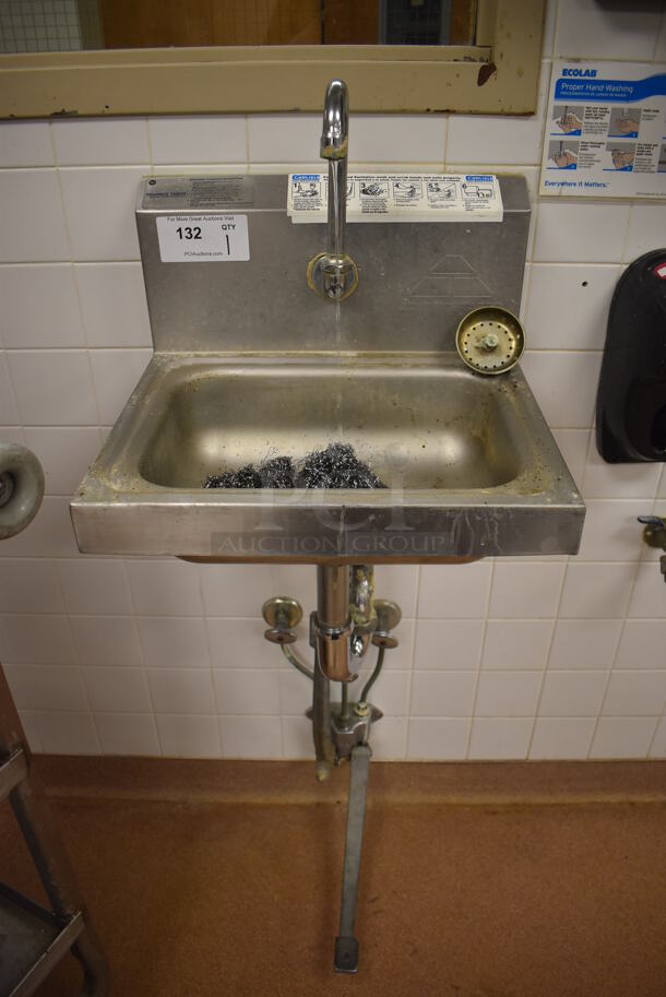 Advance Tabco Stainless Steel Commercial Single Bay Wall Mount Sink w/ Faucet and Foot Pedal. BUYER MUST REMOVE. 17.5x15.5x19 - Image 3 of 4