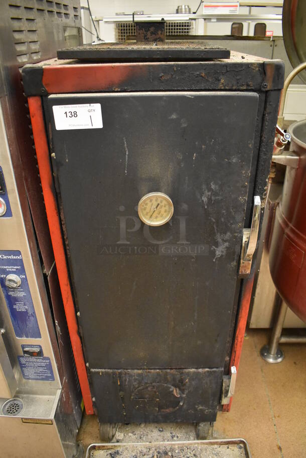 Metal Commercial Gas Powered Single Door Smoker on Commercial Casters. BUYER MUST REMOVE. 22x30x56. Tested and Working! (Restaurant Kitchen)