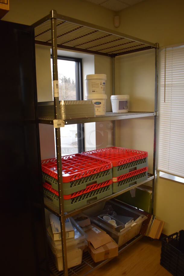 Metal 4 Tier Shelving Unit w/ Dish Caddies and Various Items. BUYER MUST DISMANTLE. PCI CANNOT DISMANTLE FOR SHIPPING. PLEASE CONSIDER FREIGHT CHARGES. 48x24x84. (Computer Demo Lab 2)