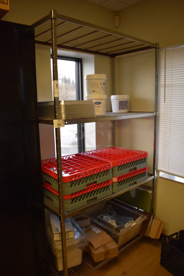 Metal 4 Tier Shelving Unit w/ Dish Caddies and Various Items. BUYER MUST DISMANTLE. PCI CANNOT DISMANTLE FOR SHIPPING. PLEASE CONSIDER FREIGHT CHARGES. 48x24x84. (Computer Demo Lab 2) - Image 1 of 4