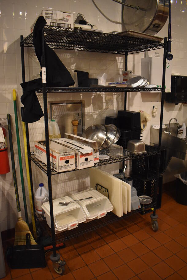 Black Finish Wire Shelving Unit on Commercial Casters w/ Contents Including Ingredient Bins, Metal Bowls and Cutting Boards. BUYER MUST DISMANTLE. PCI CANNOT DISMANTLE FOR SHIPPING. PLEASE CONSIDER FREIGHT CHARGES. 48x24x79. (Demo Kitchen)