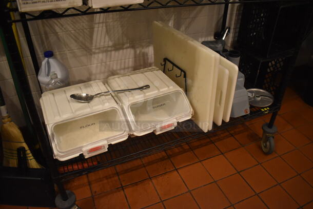 Black Finish Wire Shelving Unit on Commercial Casters w/ Contents Including Ingredient Bins, Metal Bowls and Cutting Boards. BUYER MUST DISMANTLE. PCI CANNOT DISMANTLE FOR SHIPPING. PLEASE CONSIDER FREIGHT CHARGES. 48x24x79. (Demo Kitchen) - Image 2 of 8