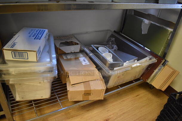 Metal 4 Tier Shelving Unit w/ Dish Caddies and Various Items. BUYER MUST DISMANTLE. PCI CANNOT DISMANTLE FOR SHIPPING. PLEASE CONSIDER FREIGHT CHARGES. 48x24x84. (Computer Demo Lab 2) - Image 4 of 4