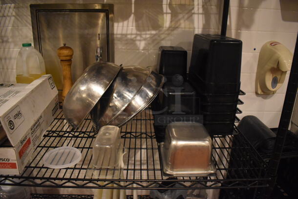 Black Finish Wire Shelving Unit on Commercial Casters w/ Contents Including Ingredient Bins, Metal Bowls and Cutting Boards. BUYER MUST DISMANTLE. PCI CANNOT DISMANTLE FOR SHIPPING. PLEASE CONSIDER FREIGHT CHARGES. 48x24x79. (Demo Kitchen) - Image 4 of 8