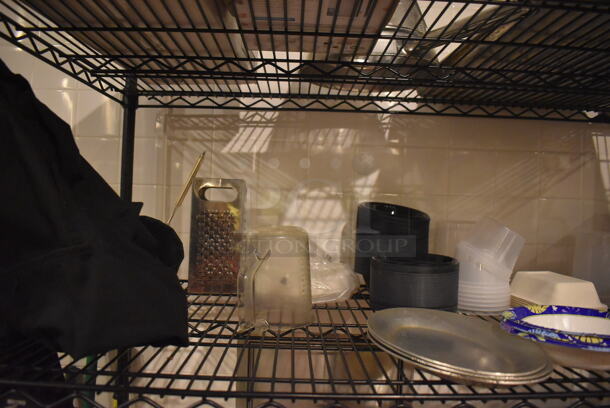 Black Finish Wire Shelving Unit on Commercial Casters w/ Contents Including Ingredient Bins, Metal Bowls and Cutting Boards. BUYER MUST DISMANTLE. PCI CANNOT DISMANTLE FOR SHIPPING. PLEASE CONSIDER FREIGHT CHARGES. 48x24x79. (Demo Kitchen) - Image 6 of 8