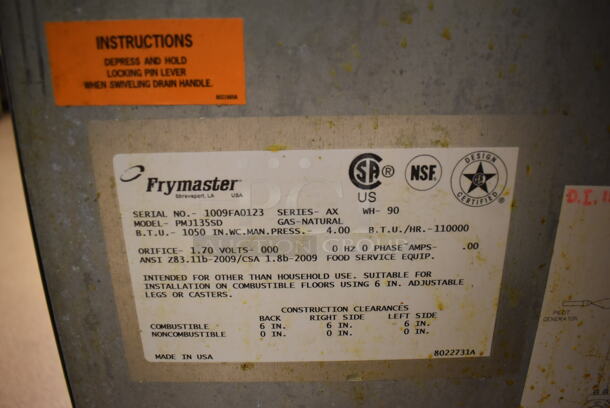 2010 Frymaster PMJ135SD Stainless Steel Commercial Floor Style Natural Gas Powered Deep Fat Fryer w/ 2 Metal Fry Baskets. 110,000 BTU. BUYER MUST REMOVE. 16x32x47. Tested and Working! (Restaurant Kitchen) - Image 6 of 7