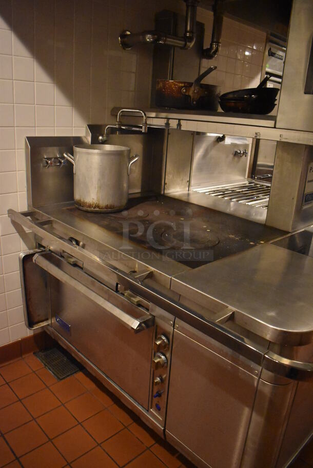 Viking Stainless Steel Commercial Gas Powered Prep Station w/ 4 Burner Charbroiler Style Grill, Oven, 2 Single Induction Burners, 2 Burner Hot Plate Grill, Convection Oven, Salamander Cheese Melter and Waring Mixer. BUYER MUST REMOVE. 87x65x74. Tested and Working! (Demo Kitchen) - Image 5 of 12