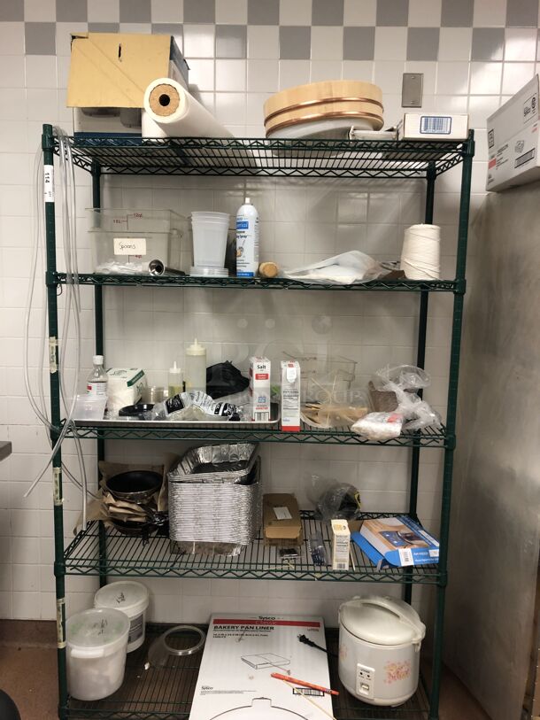 Green Finish 5 Tier Wire Shelving Unit w/ Contents. BUYER MUST DISMANTLE. PCI CANNOT DISMANTLE FOR SHIPPING. PLEASE CONSIDER FREIGHT CHARGES. 48x18x75. (Restaurant Kitchen)