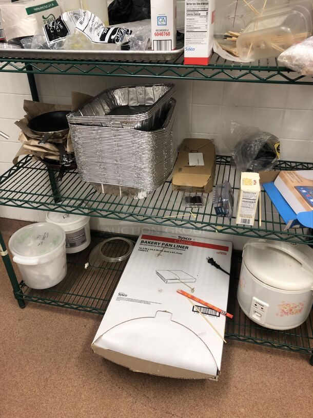 Green Finish 5 Tier Wire Shelving Unit w/ Contents. BUYER MUST DISMANTLE. PCI CANNOT DISMANTLE FOR SHIPPING. PLEASE CONSIDER FREIGHT CHARGES. 48x18x75. (Restaurant Kitchen) - Image 2 of 5