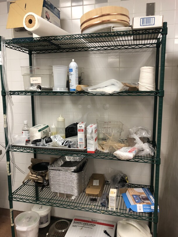 Green Finish 5 Tier Wire Shelving Unit w/ Contents. BUYER MUST DISMANTLE. PCI CANNOT DISMANTLE FOR SHIPPING. PLEASE CONSIDER FREIGHT CHARGES. 48x18x75. (Restaurant Kitchen) - Image 3 of 5