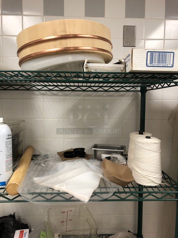 Green Finish 5 Tier Wire Shelving Unit w/ Contents. BUYER MUST DISMANTLE. PCI CANNOT DISMANTLE FOR SHIPPING. PLEASE CONSIDER FREIGHT CHARGES. 48x18x75. (Restaurant Kitchen) - Image 5 of 5