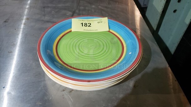 Lot of 7 Colorful Dinner Plates. 10.5" plates. 1 plate has a small chip. - Image 1 of 3