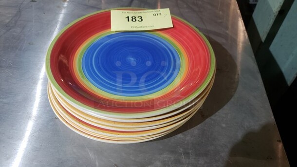 Lot of 7 Colorful Dinner Plates. 10.5" plates. 1 plate has a small chip. - Image 1 of 3