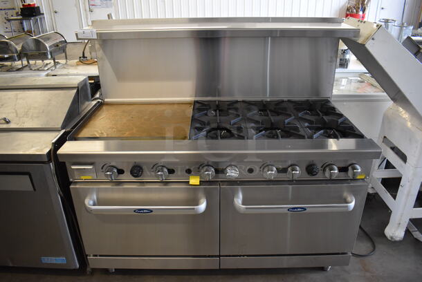 BRAND NEW SCRATCH AND DENT! Cook Rite ATO-24G6B(NG) Stainless Steel Commercial Natural Gas Powered Flat Top Griddle w/ 6 Burner Range, 2 Ovens, Over Shelf and Back Splash. 60x31x57