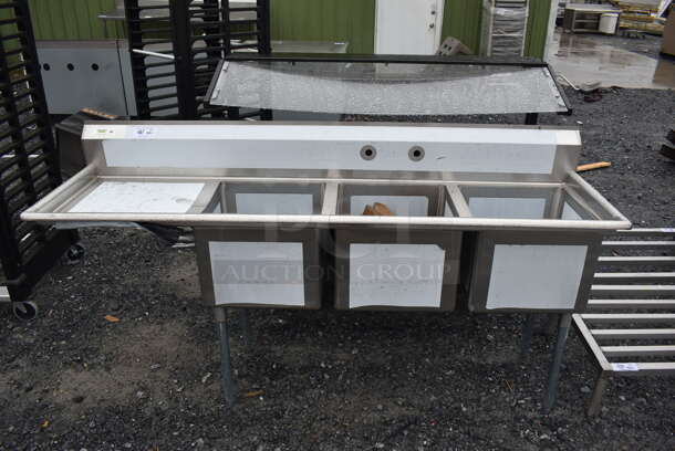 BRAND NEW SCRATCH AND DENT! Regency Stainless Steel Commercial 16 Gauge 3 Bay Sink w/ Left Side Drain Board. 84x24x44. Bays 18x18x14. Drain Board 22x20x1 - Image 7 of 8