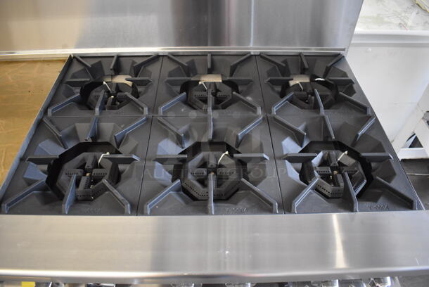 BRAND NEW SCRATCH AND DENT! Cook Rite ATO-24G6B(NG) Stainless Steel Commercial Natural Gas Powered Flat Top Griddle w/ 6 Burner Range, 2 Ovens, Over Shelf and Back Splash. 60x31x57 - Image 3 of 11