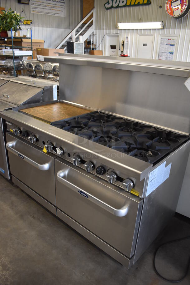 BRAND NEW SCRATCH AND DENT! Cook Rite ATO-24G6B(NG) Stainless Steel Commercial Natural Gas Powered Flat Top Griddle w/ 6 Burner Range, 2 Ovens, Over Shelf and Back Splash. 60x31x57 - Image 10 of 11